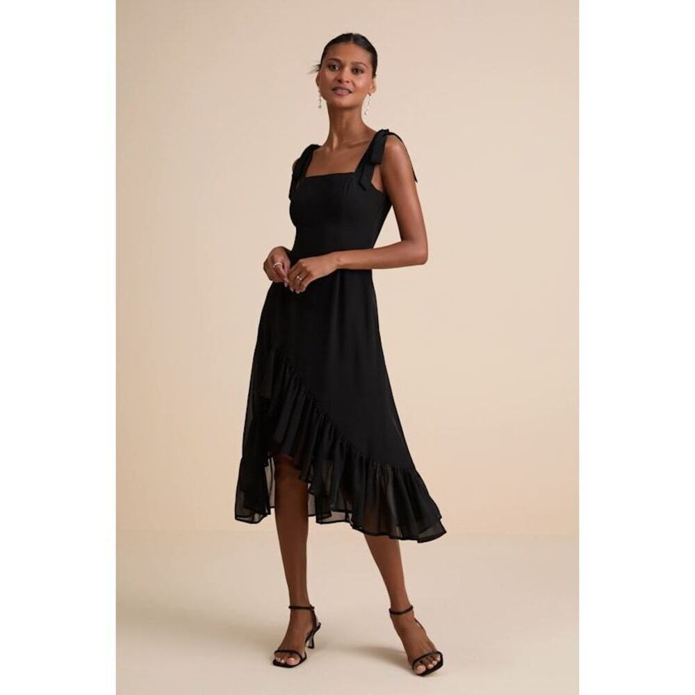 Lulus Tamryn Black Asymmetrical Ruffled Midi Dress - Size XS